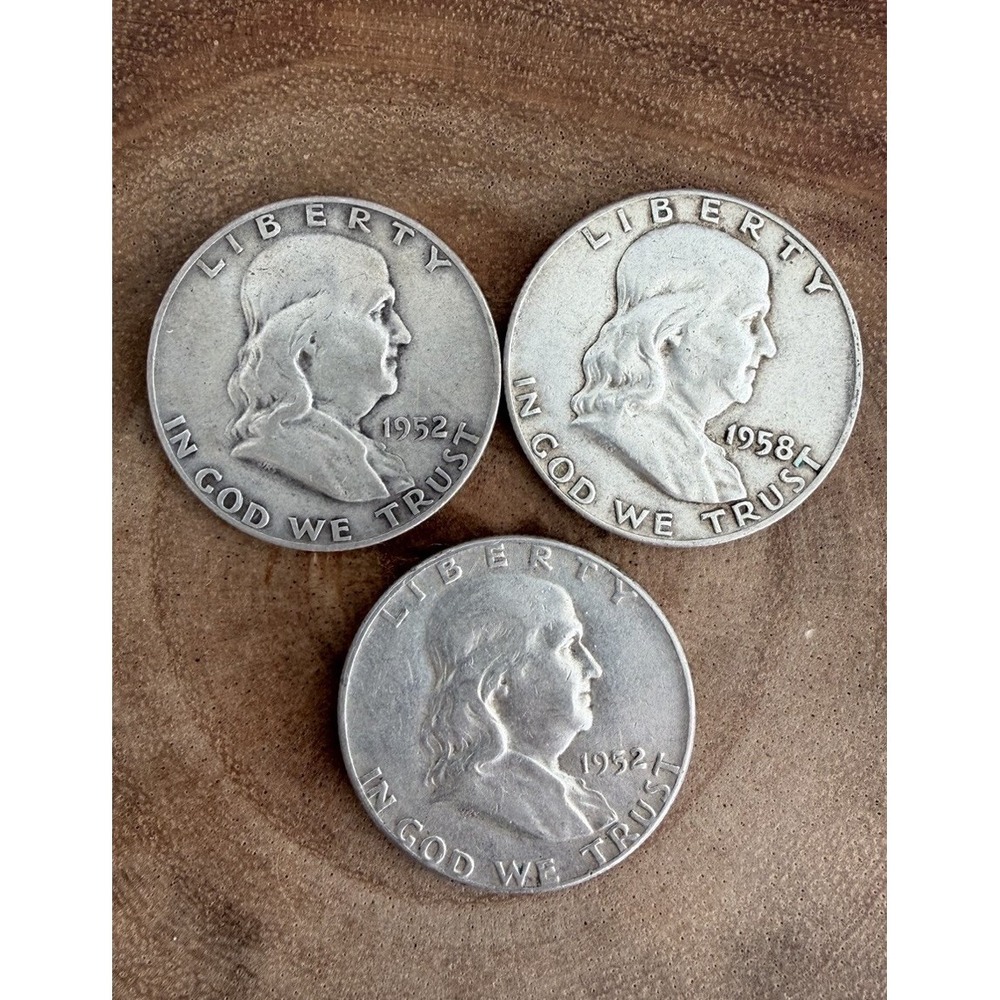 Lot of 3 Franklin Half Dollars 1952 D 1952 P  1958 D Silver Coins 90% Silver